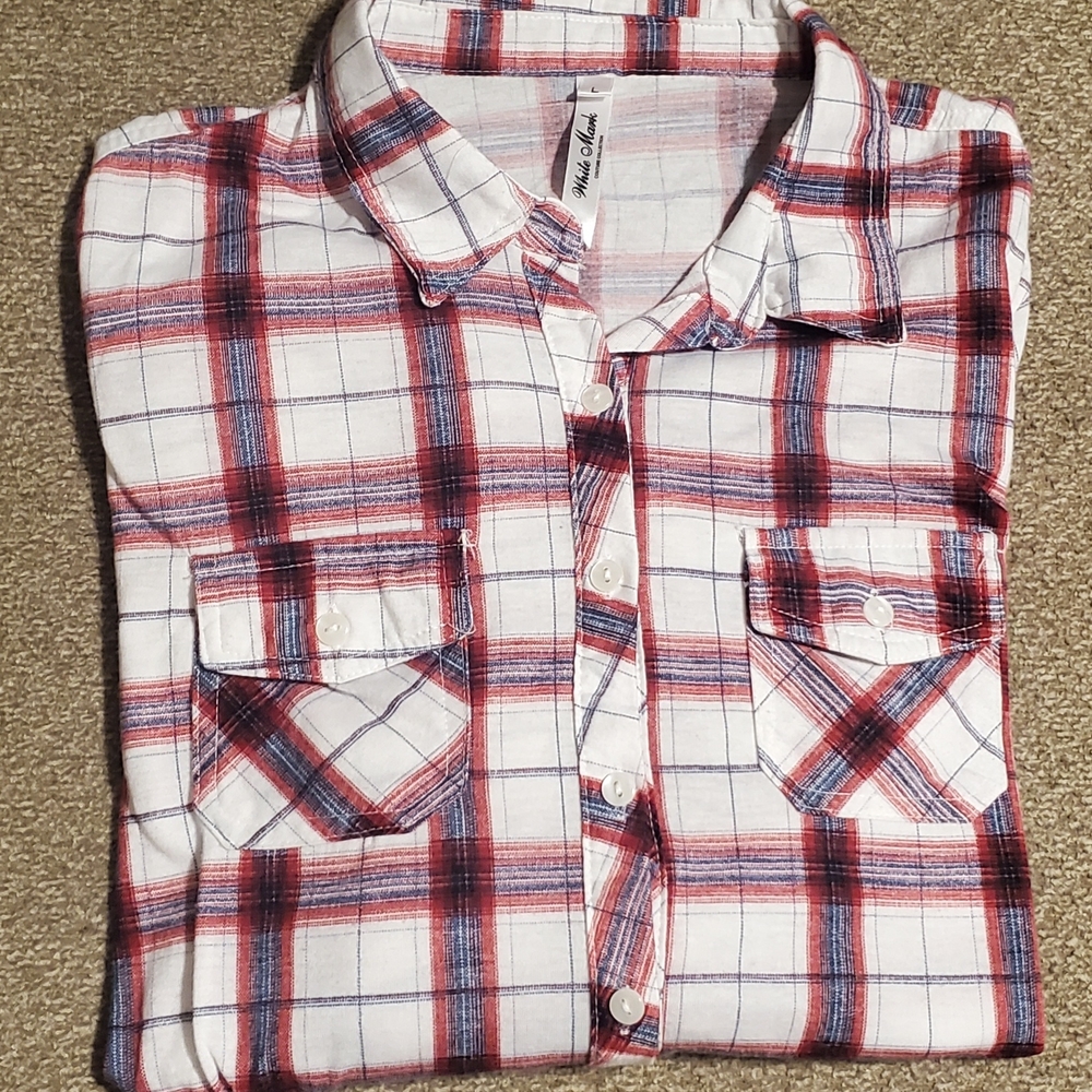 White Mark Couture Collection Red White and Blue Plaid Shirt Womens Large